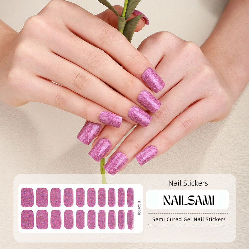 Hand with nails adorned in a soft lavender glitter gel nail sticker design, with a NAILSAMI gel nail sticker sheet displayed below featuring the same lavender glitter design.