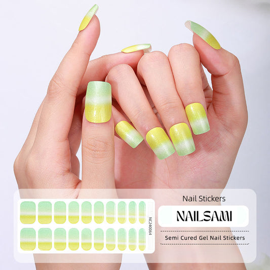 Hand with nails showcasing a lemon yellow gradient gel nail sticker design, with a NAILSAMI gel nail sticker sheet displayed below featuring the same yellow design.