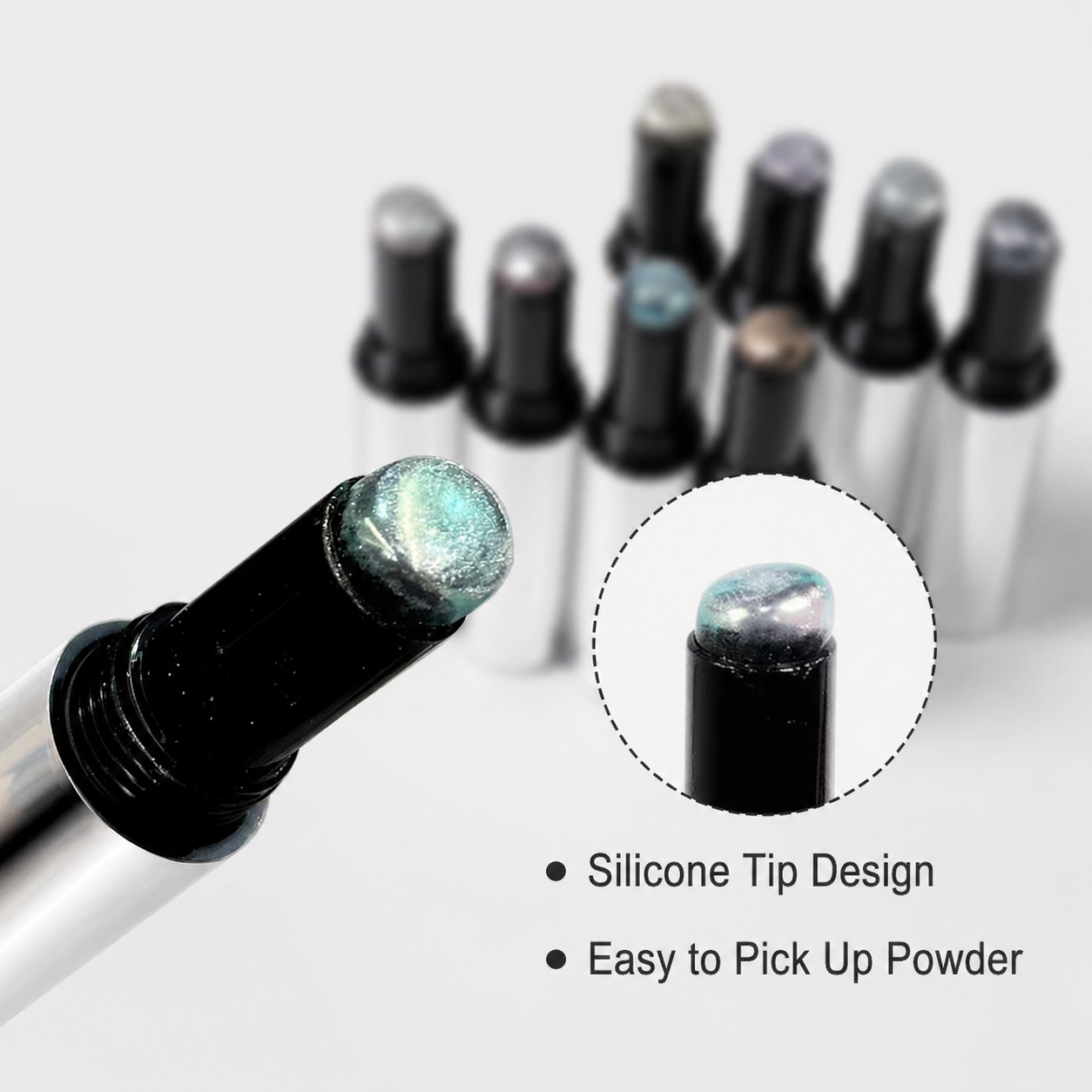 Silicone tip design — easy to pick up chrome / aurora nail powder