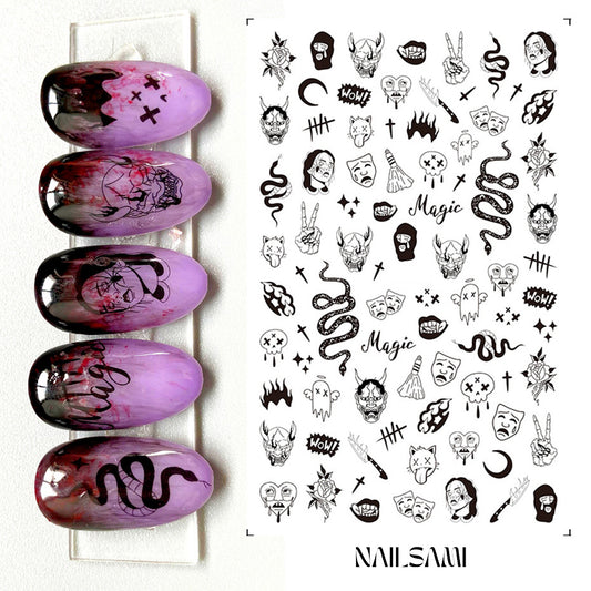 "Magic & Mystique - Mystical Symbols" nail stickers sheet from NAILSAMI featuring a variety of mystical symbols like skulls, moons, and magical gestures, displayed alongside examples on dark mystical-themed nails.