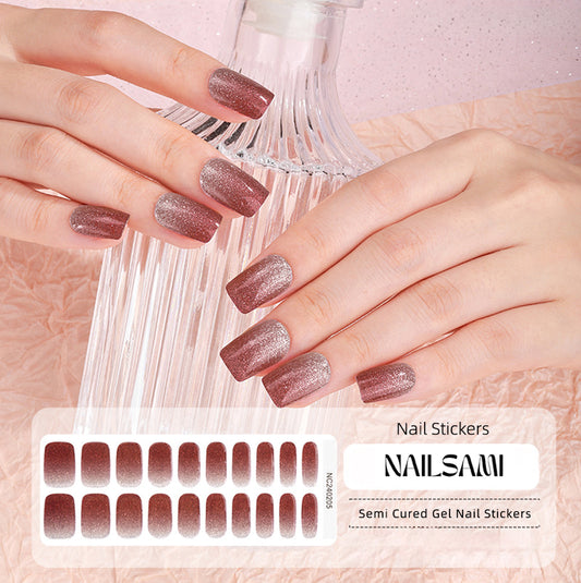 Hand with nails in a shimmering rosewood gel nail sticker design, with a NAILSAMI gel nail sticker sheet displayed below showcasing the same rosewood design.