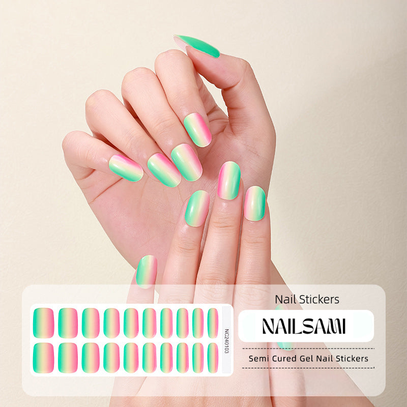 Hand with nails featuring a soft mint green gel nail sticker design, with a NAILSAMI gel nail sticker sheet displayed below showcasing the same mint green design.