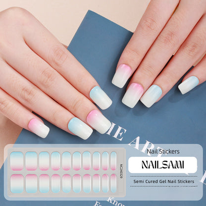 Hand with nails in a light mint gel nail sticker design with white tips, with a NAILSAMI gel nail sticker sheet displayed below showcasing the same mint and white design.