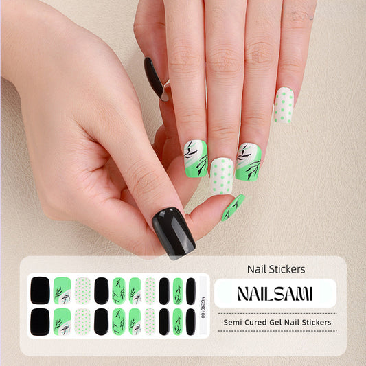 Hand with nails showcasing a mint green and floral pattern gel nail sticker design, with a NAILSAMI gel nail sticker sheet displayed below featuring the same mint and floral design.