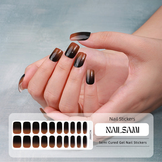 Hand with nails featuring a rich mocha gradient gel nail sticker design, with a NAILSAMI gel nail sticker sheet displayed below showcasing the same mocha brown design.