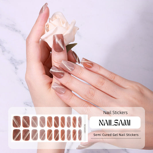 Hand with nails in a warm mocha marble gel nail sticker design, with a NAILSAMI gel nail sticker sheet displayed below featuring the same marble design.