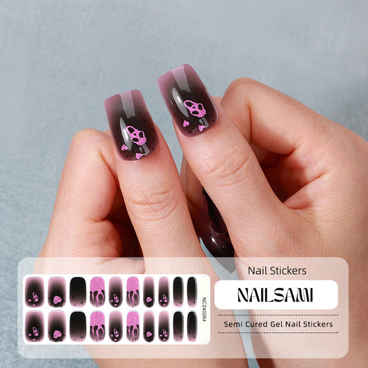 Hand with nails in a deep purple gel nail sticker design with mystical patterns, with a NAILSAMI gel nail sticker sheet displayed below featuring the same purple design.