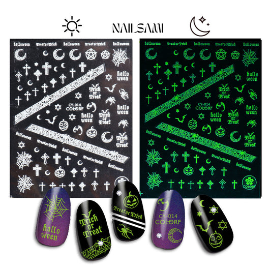 Decorate your nails with the mysterious allure of Mystic Runes - Symbols & Geometric Nail Stickers. These include a mix of cryptic symbols and intricate patterns that shine bright green in the dark. They're great for anyone looking to add an enigmatic touch to their look.