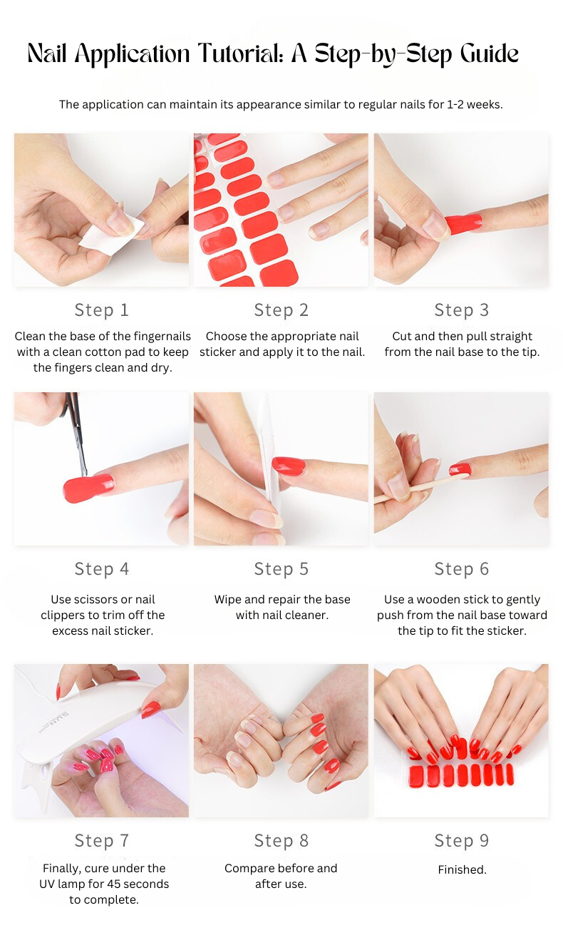 A step-by-step guide for applying nail stickers, showing the process from cleaning the nails to applying and trimming the stickers, finishing with a clean and polished look.