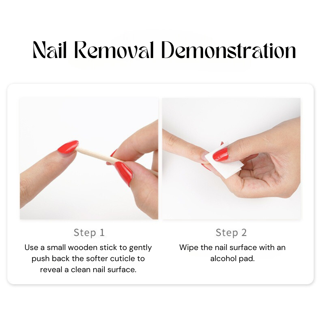 Two-step nail removal process showing a hand using a wooden stick to push back the cuticle, followed by wiping the nail surface with an alcohol pad to clean the nail.