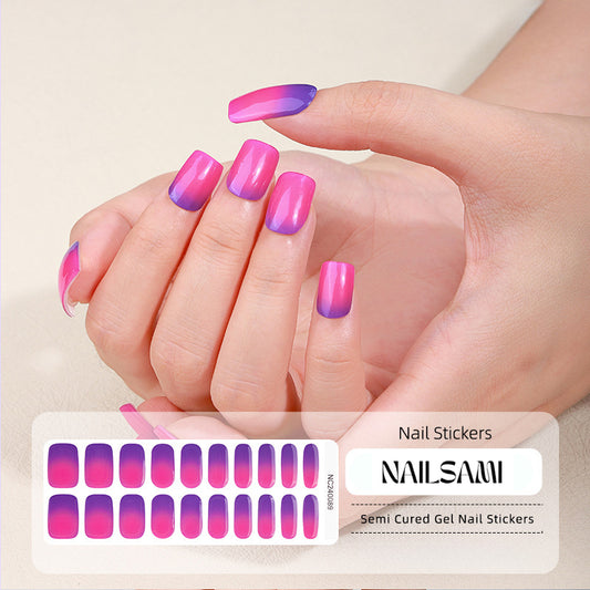 Hand with nails in a bright neon pink to purple gradient gel nail sticker design, with a NAILSAMI gel nail sticker sheet displayed below featuring the same neon design.