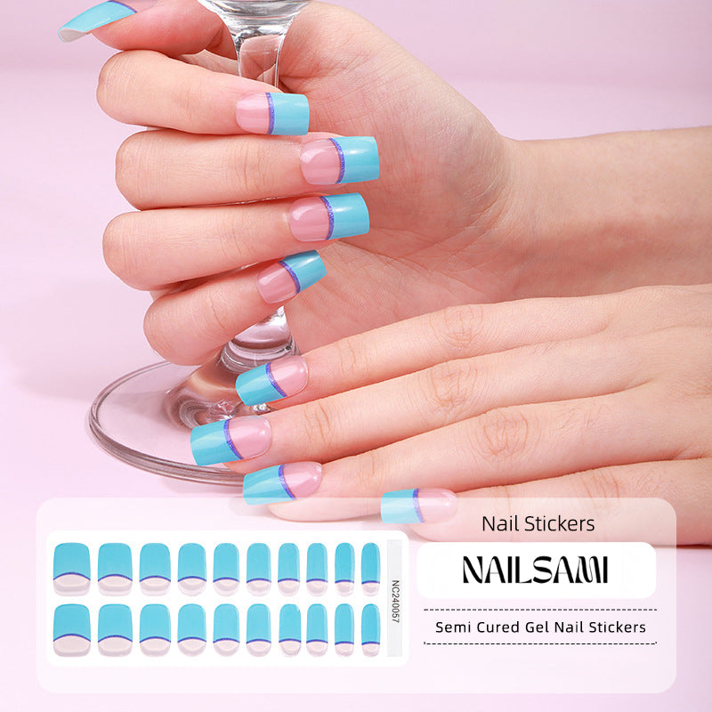 Hand with nails adorned in a cool blue gradient gel nail sticker design, with a NAILSAMI gel nail sticker sheet displayed below featuring the same blue gradient design.