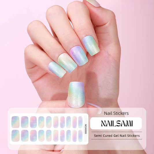 Hand with nails showcasing an opalescent gel nail sticker design, with a NAILSAMI gel nail sticker sheet displayed below featuring the same opal design.