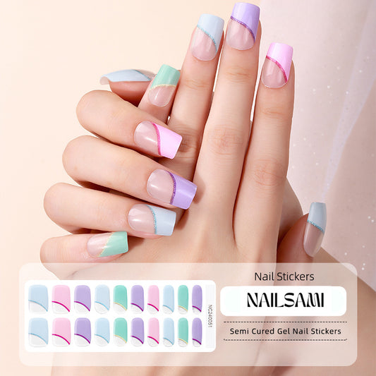 Hand with nails featuring a pastel gradient gel nail sticker design, with a NAILSAMI gel nail sticker sheet displayed below showcasing the same pastel gradient design.