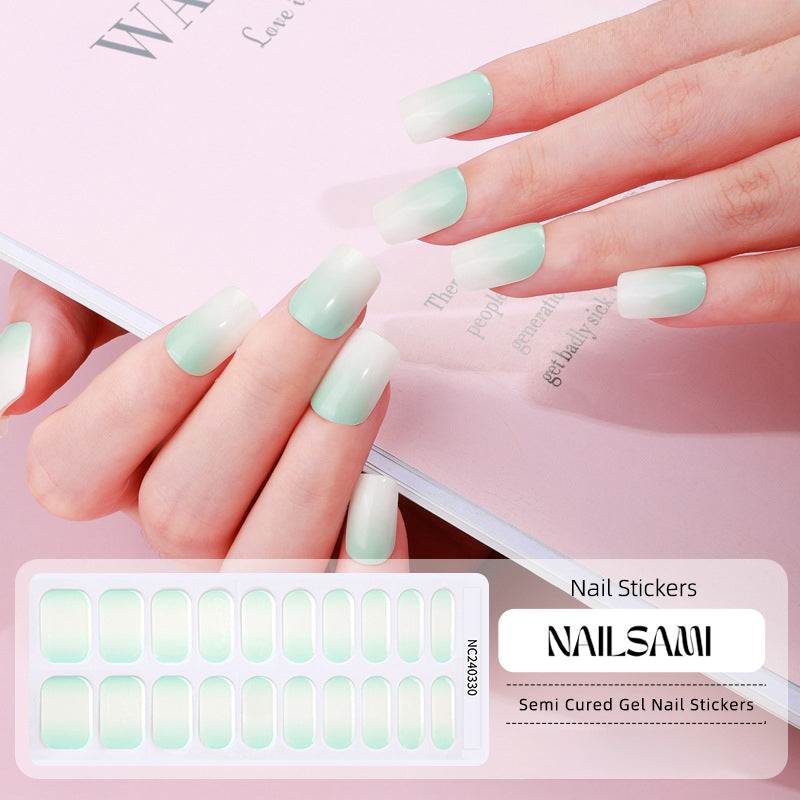 Hand with nails in a soft pastel mint gel nail sticker design, with a NAILSAMI gel nail sticker sheet displayed below featuring the same pastel mint design.