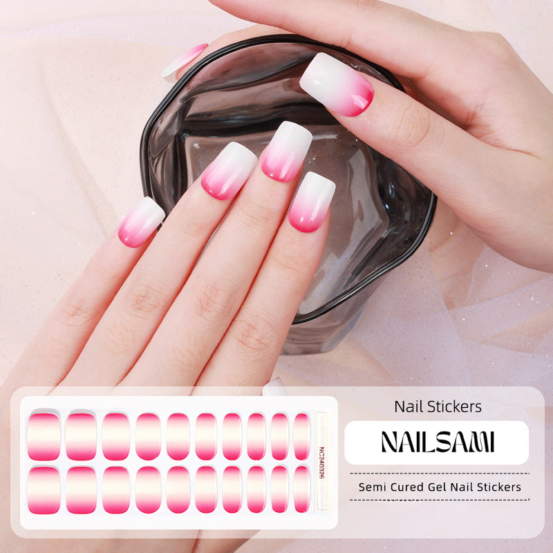 Hand with nails in a soft pink gel nail sticker design with frosty white tips, with a NAILSAMI gel nail sticker sheet displayed below showcasing the same pink and white design.