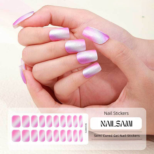 Hand with nails in an iridescent pink gel nail sticker design, with a NAILSAMI gel nail sticker sheet displayed below featuring the same pink design.