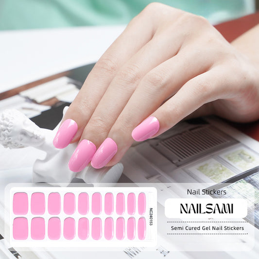 Hand with nails adorned in a soft pink gel nail sticker design, with a NAILSAMI gel nail sticker sheet displayed below featuring the same pink design.