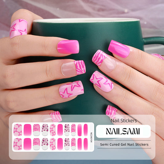 Hand with nails adorned in a bold pink and zebra pattern gel nail sticker design, with a NAILSAMI gel nail sticker sheet displayed below featuring the same pink and zebra design.