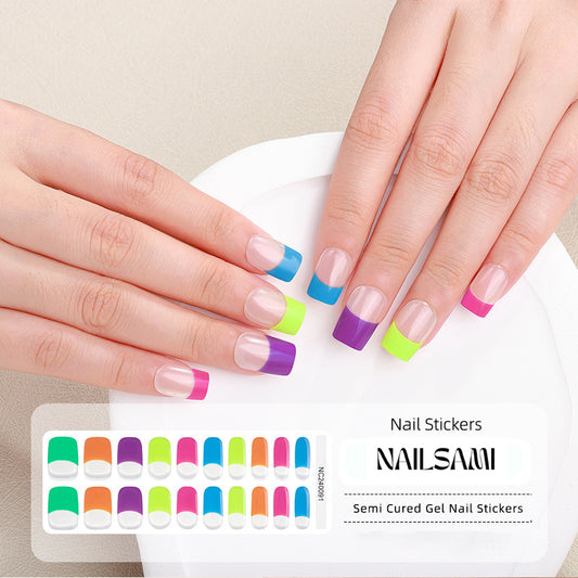 Hand with nails showcasing a multicolor block pattern gel nail sticker design, with a NAILSAMI gel nail sticker sheet displayed below featuring the same colorful design.