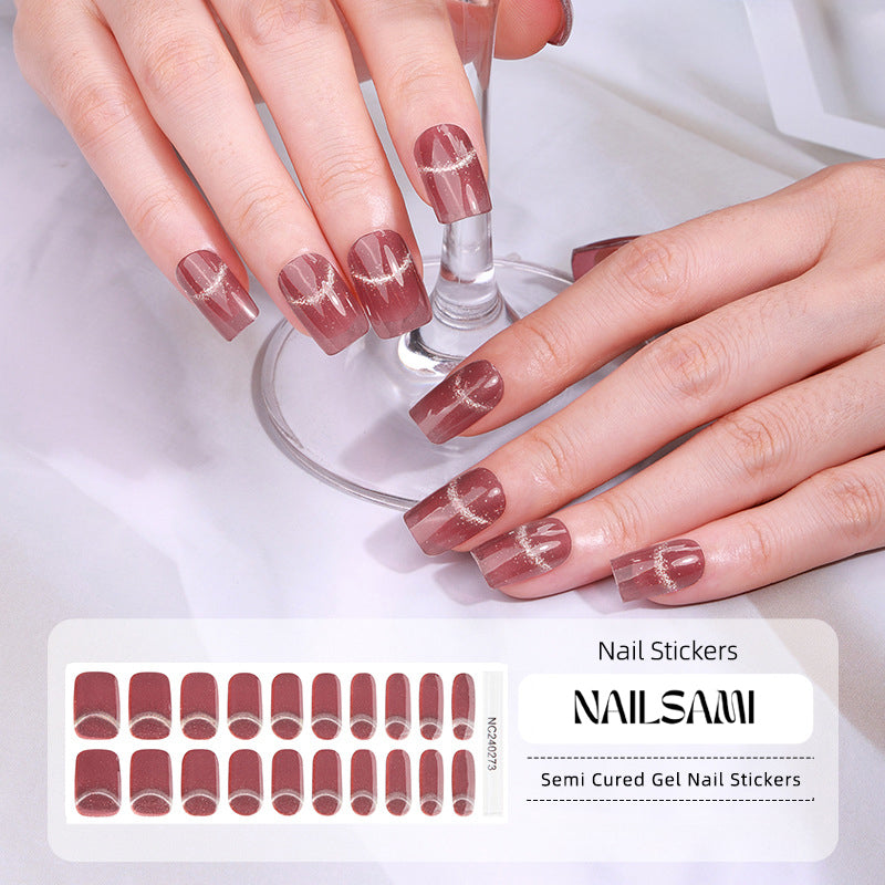 Hand with nails in a rich rose gold metallic gel nail sticker design, with a NAILSAMI gel nail sticker sheet displayed below featuring the same rose gold design.