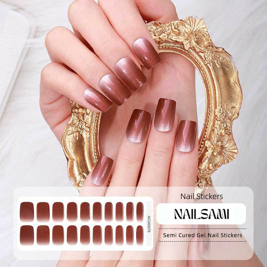 Hand with nails featuring a luxurious rose gold gel nail sticker design, with a NAILSAMI gel nail sticker sheet displayed below showcasing the same rose gold design.