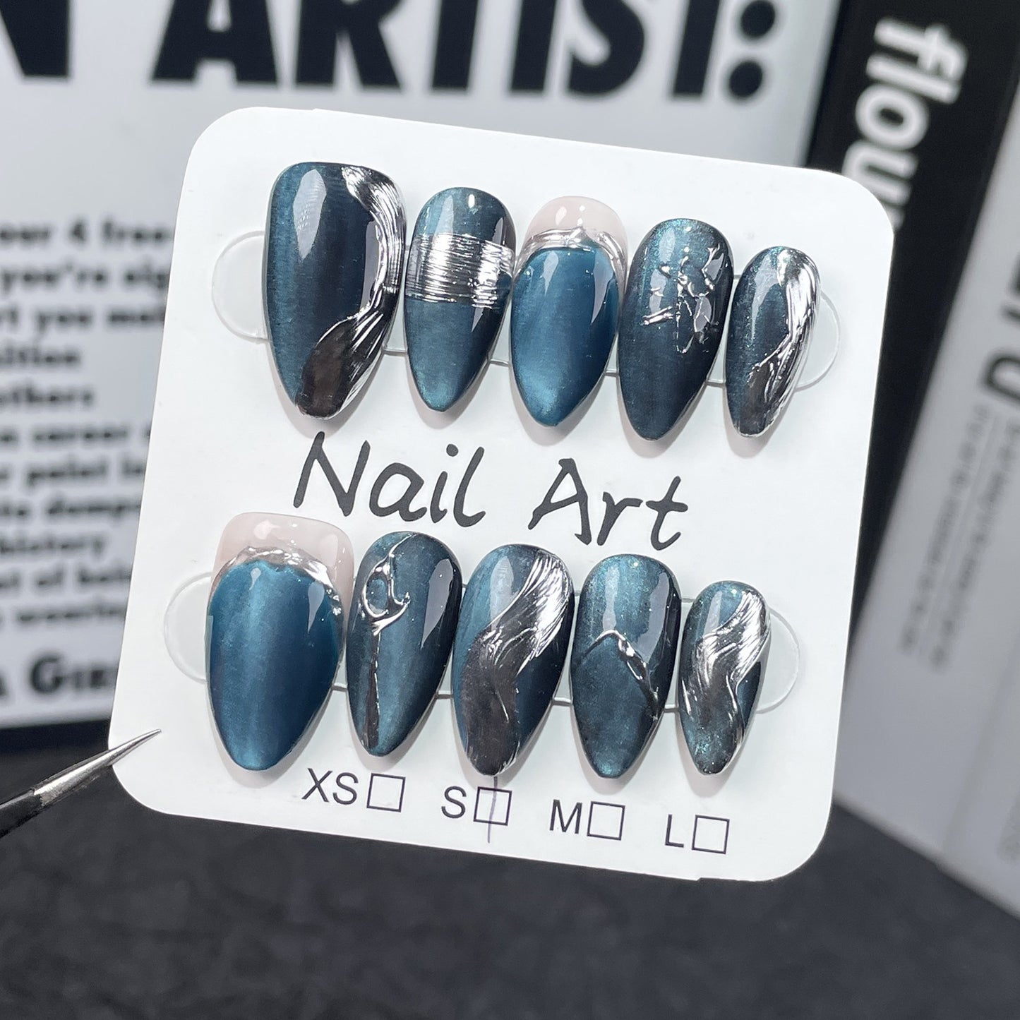 Shimmery blue Halloween nails 2024 short and elegant press-on set
