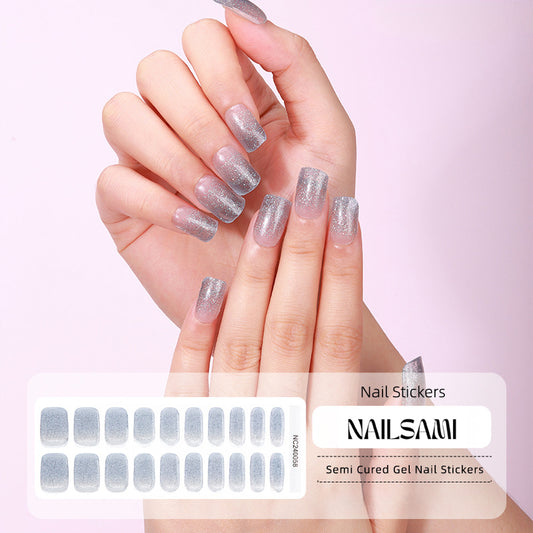 Hand with nails in a metallic silver gel nail sticker design, with a NAILSAMI gel nail sticker sheet displayed below featuring the same silver design.