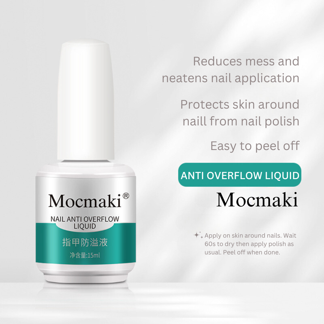 Bottle of Mocmaki Anti Overflow Liquid, used to protect skin around nails during polish application, an innovative addition to nail care kits.