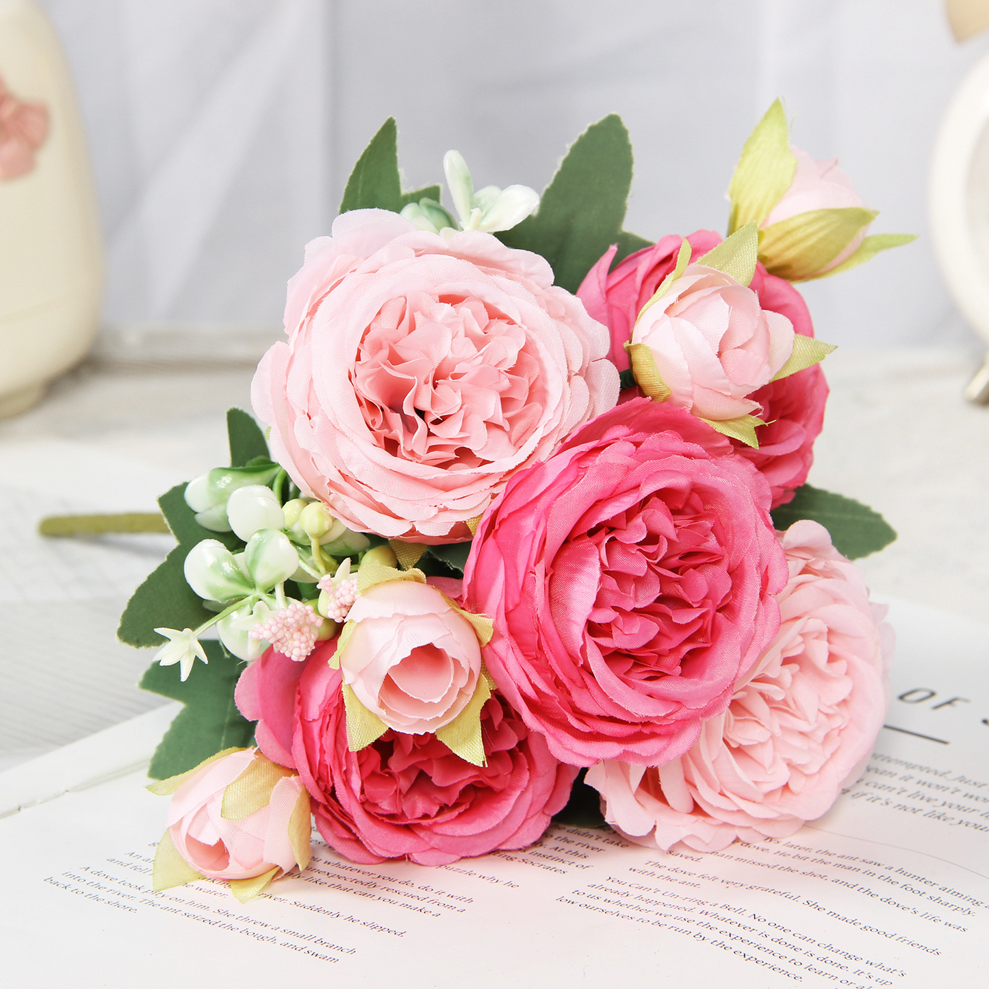 Pink artificial peony and rose bouquet with rose and blush blooms