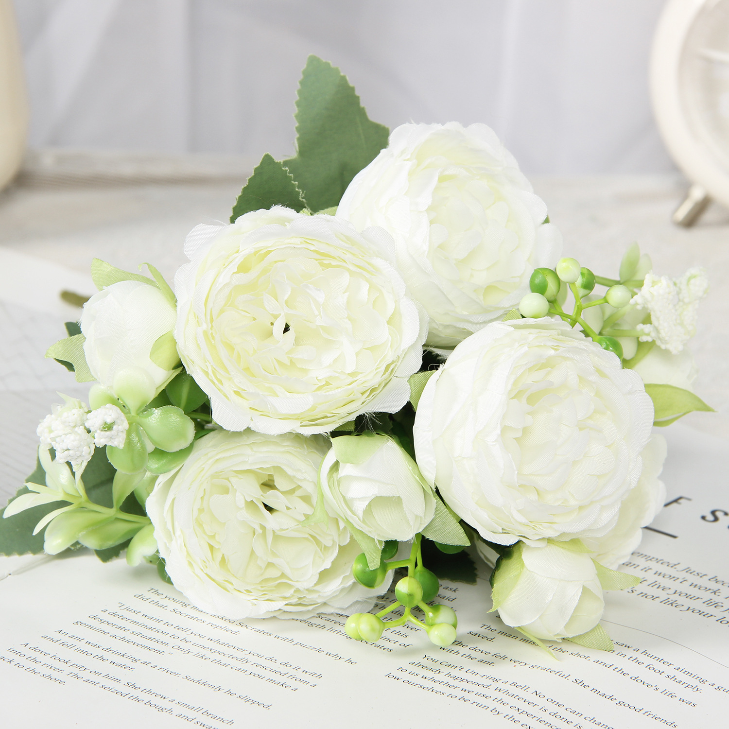 White artificial peony and rose bouquet