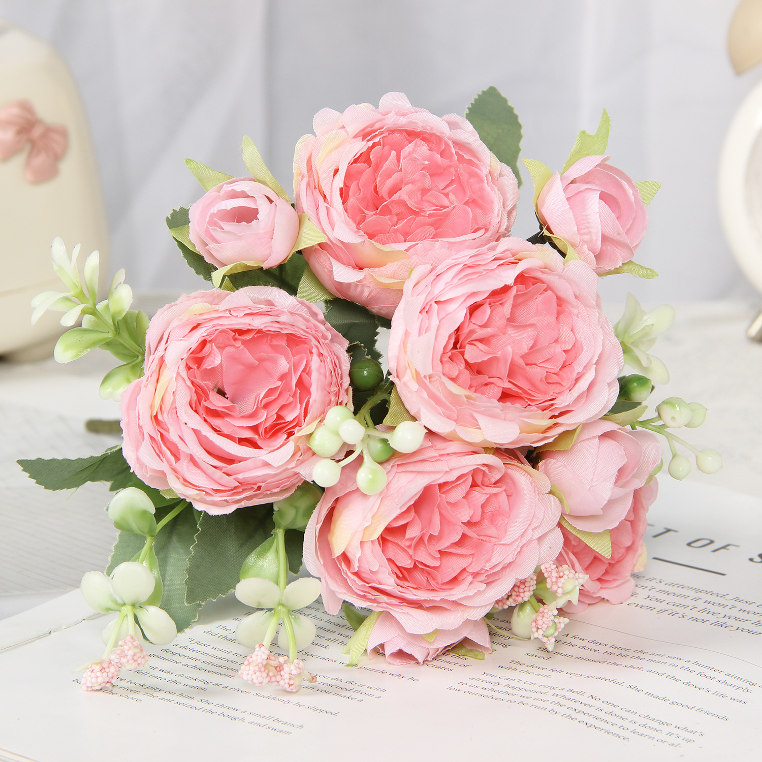 Deep pink artificial peony and rose bouquet