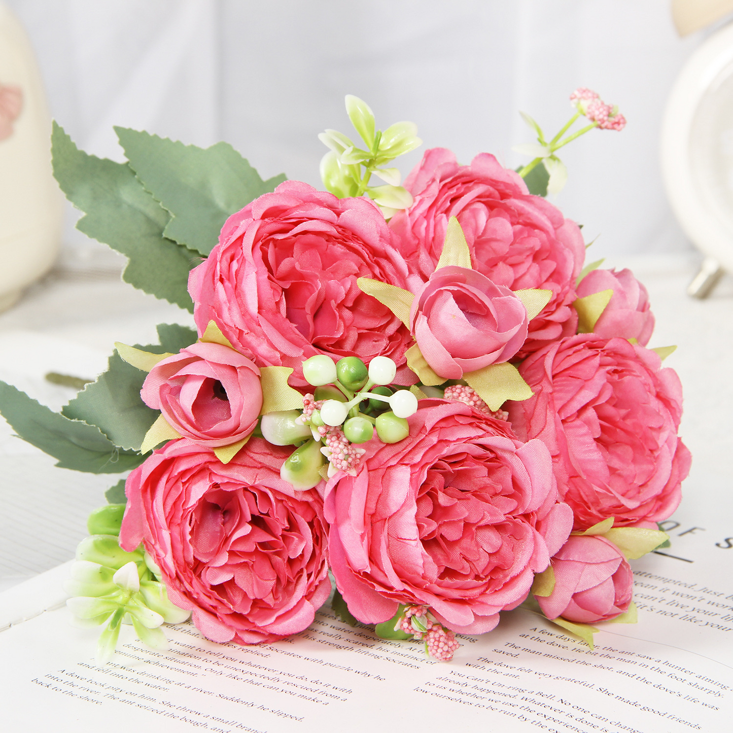 Rose red artificial peony and rose bouquet