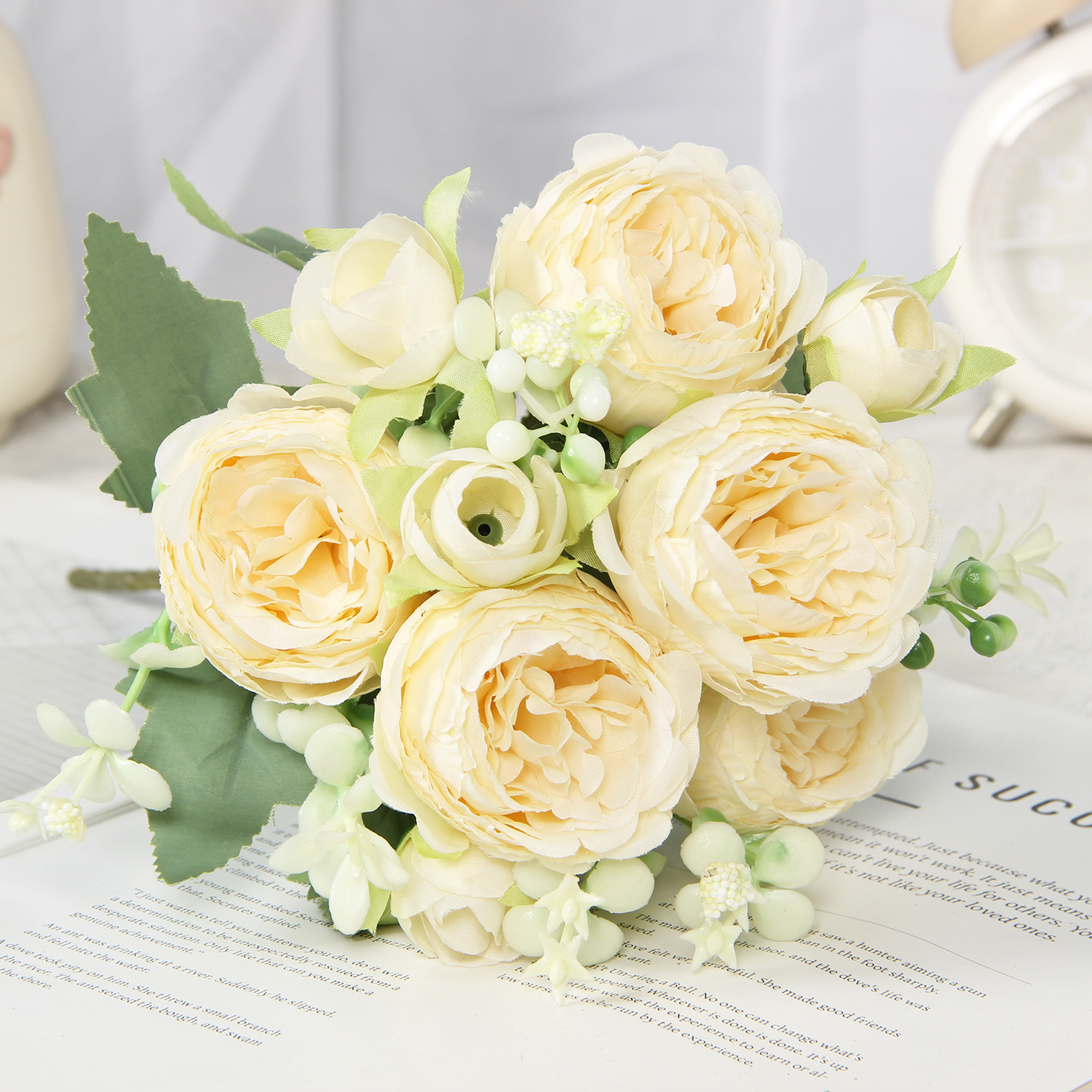 Champagne artificial peony and rose bouquet