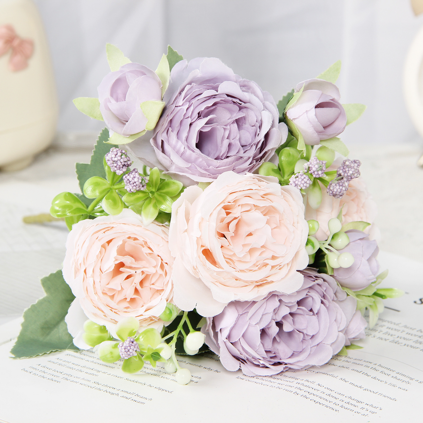 Pink purple artificial peony and rose bouquet