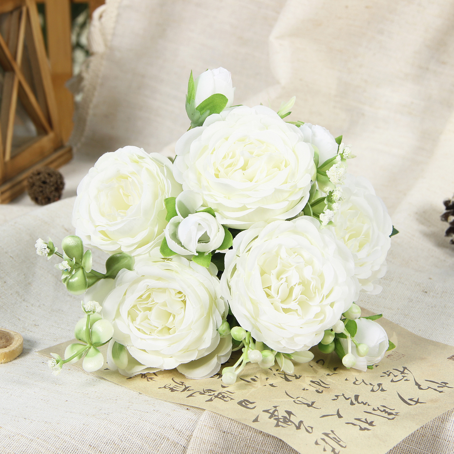 White 2 artificial peony and rose bouquet