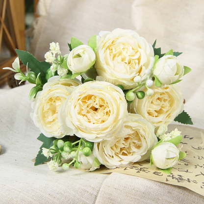 Yellow artificial peony and rose bouquet