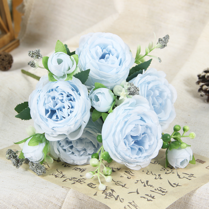 Blue artificial peony and rose bouquet