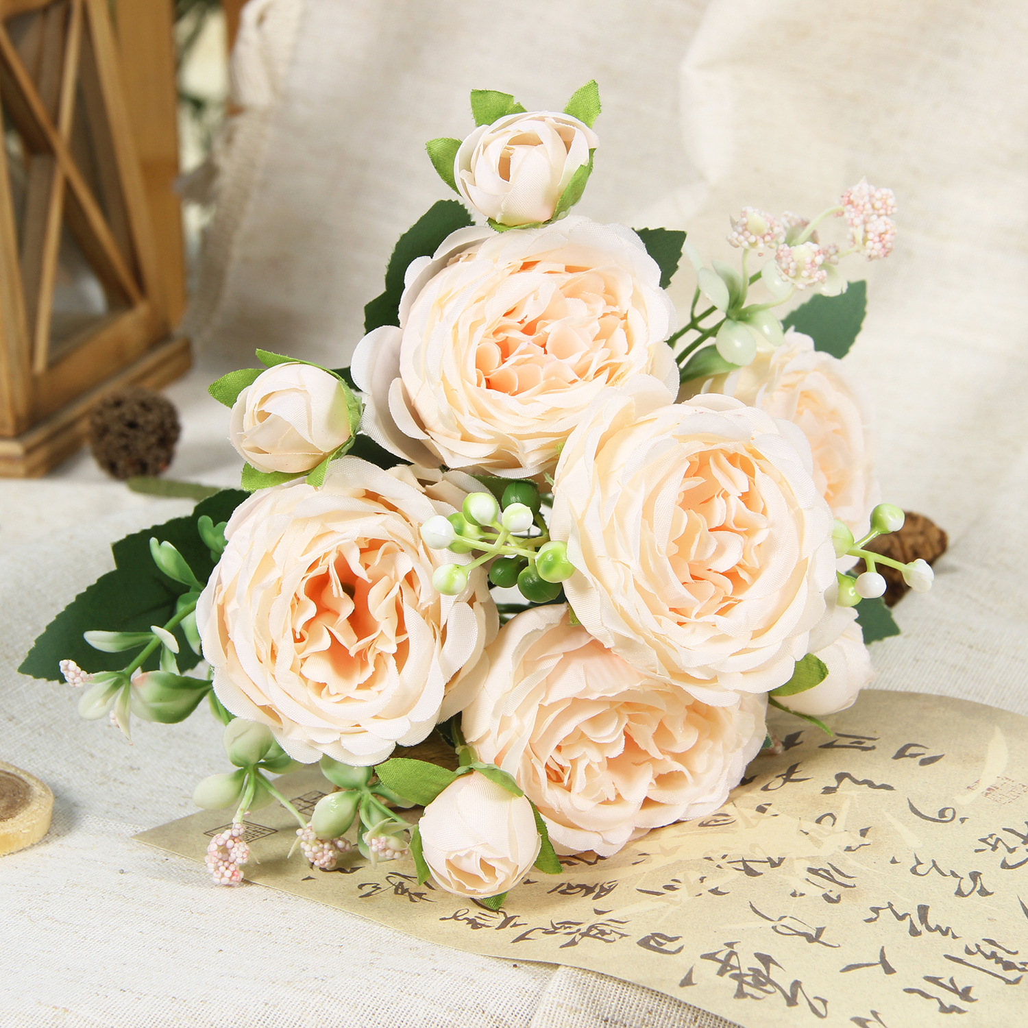 Champagne pink artificial peony and rose bouquet