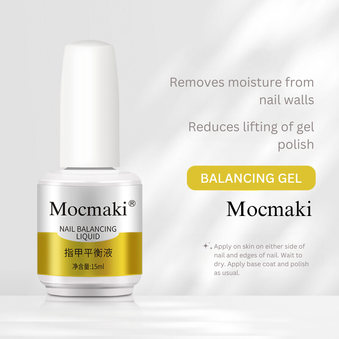 Mocmaki nail care product labeled Balancing Gel, featuring benefits like moisture removal and polish adhesion, essential for effective nail care.