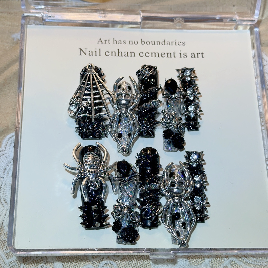 Black and silver gothic coffin press-on nail set with 3D spiders and cobweb