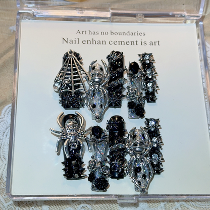 Black and silver gothic coffin press-on nail set with 3D spiders and cobweb