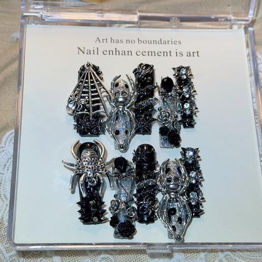 Black and silver gothic coffin press-on nail set with 3D spiders and cobweb