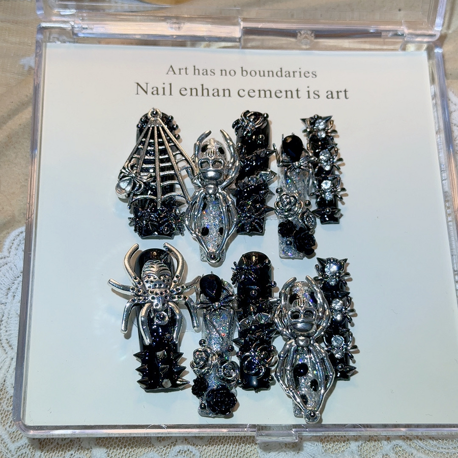 Black Silver 3D Spider Gothic Coffin Press-On Nails