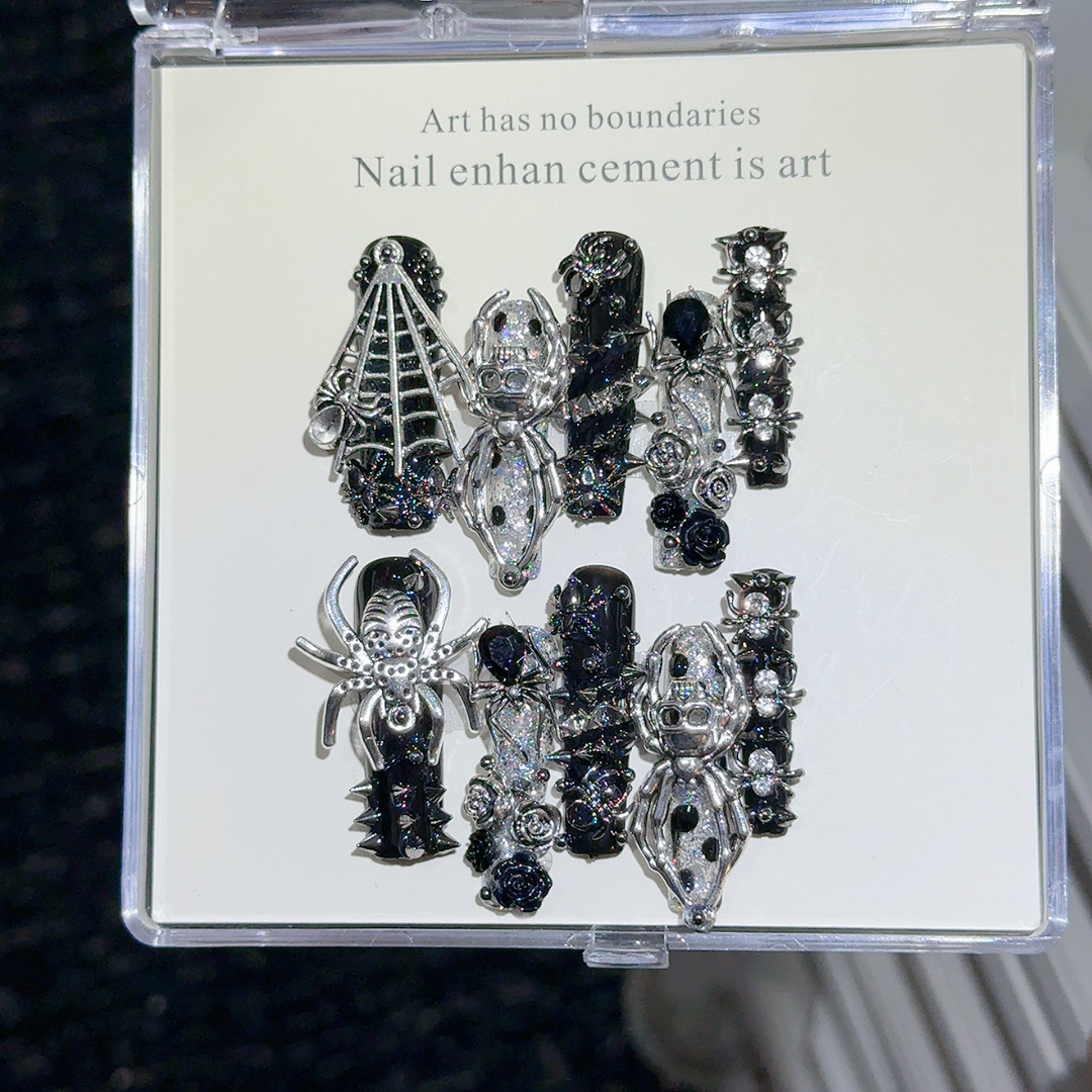 Full black and silver spider-themed long coffin press-on nail design