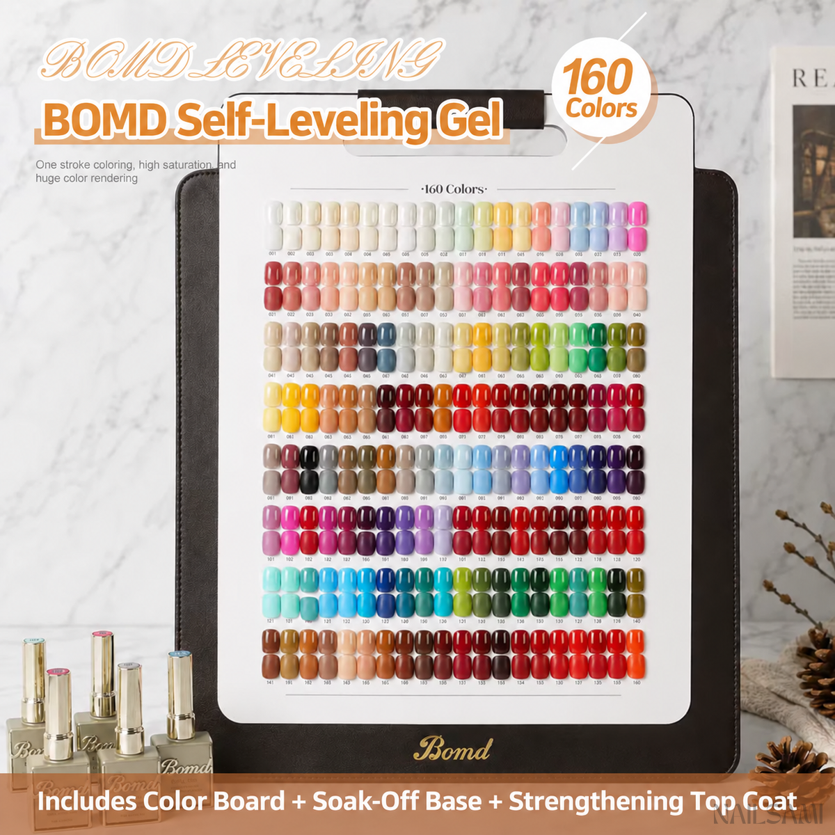 BOMD set with 160 gel colours, swatch board, base gel and hard top coat