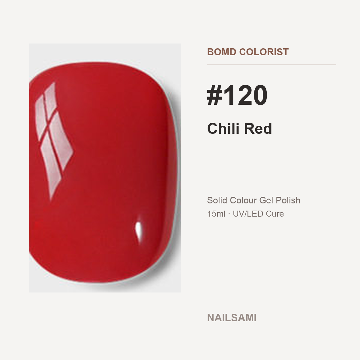 BOMD Colorist #120 Chili Red solid colour gel polish swatch