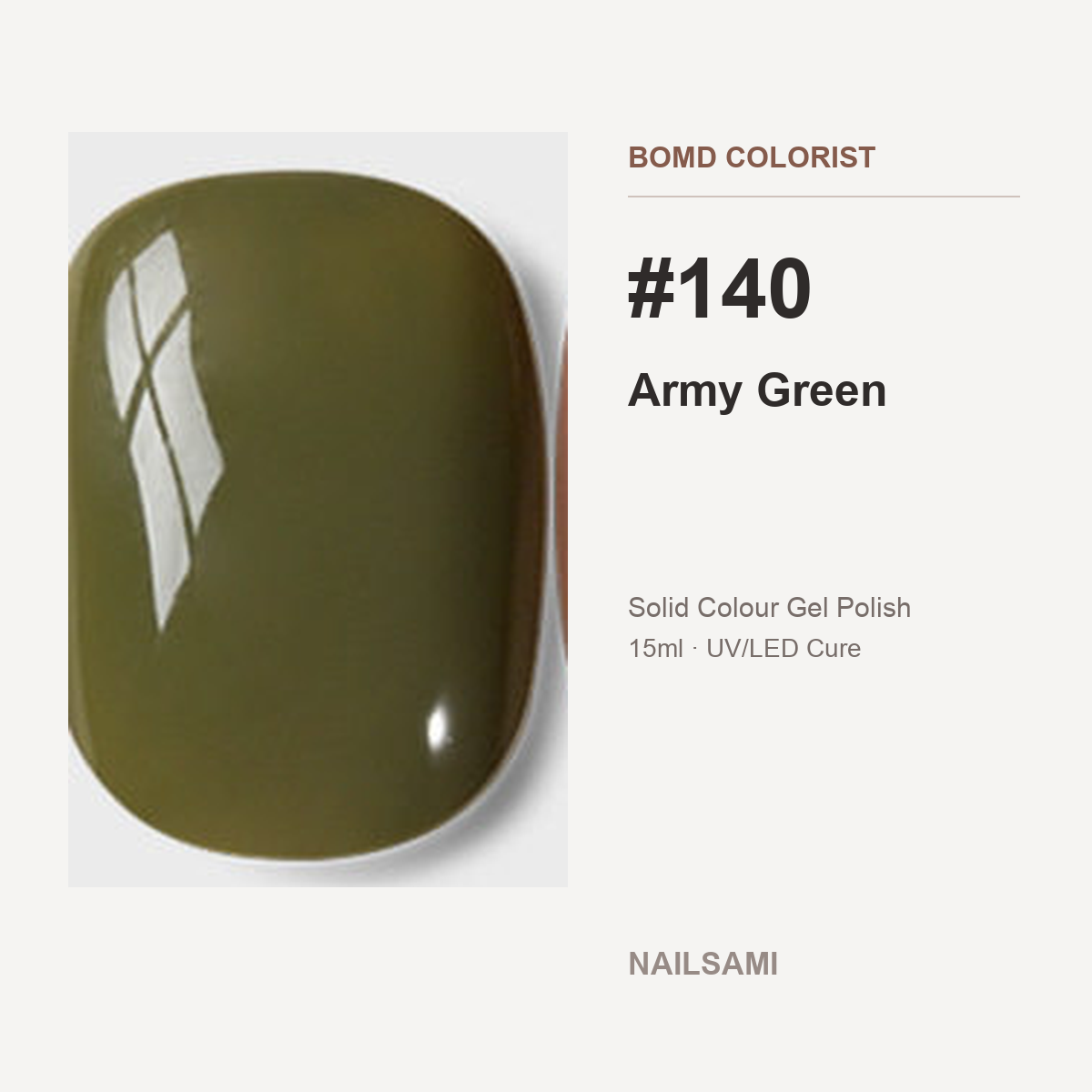 BOMD Colorist #140 Army Green solid colour gel polish swatch