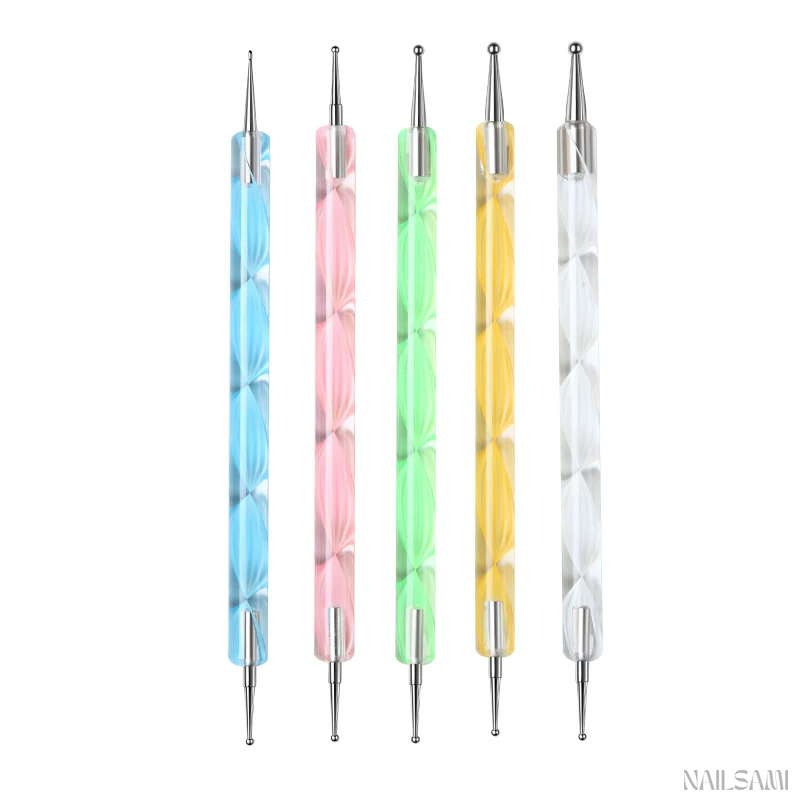 Five dual-ended nail dotting tools in blue, pink, green, yellow and clear