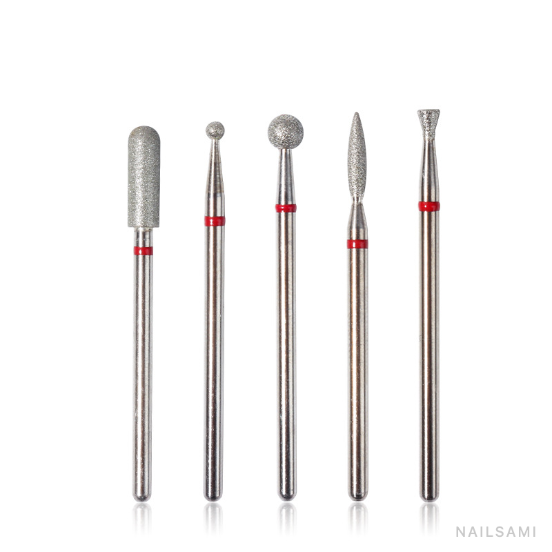 Five diamond-coated nail drill bit shapes on a white background